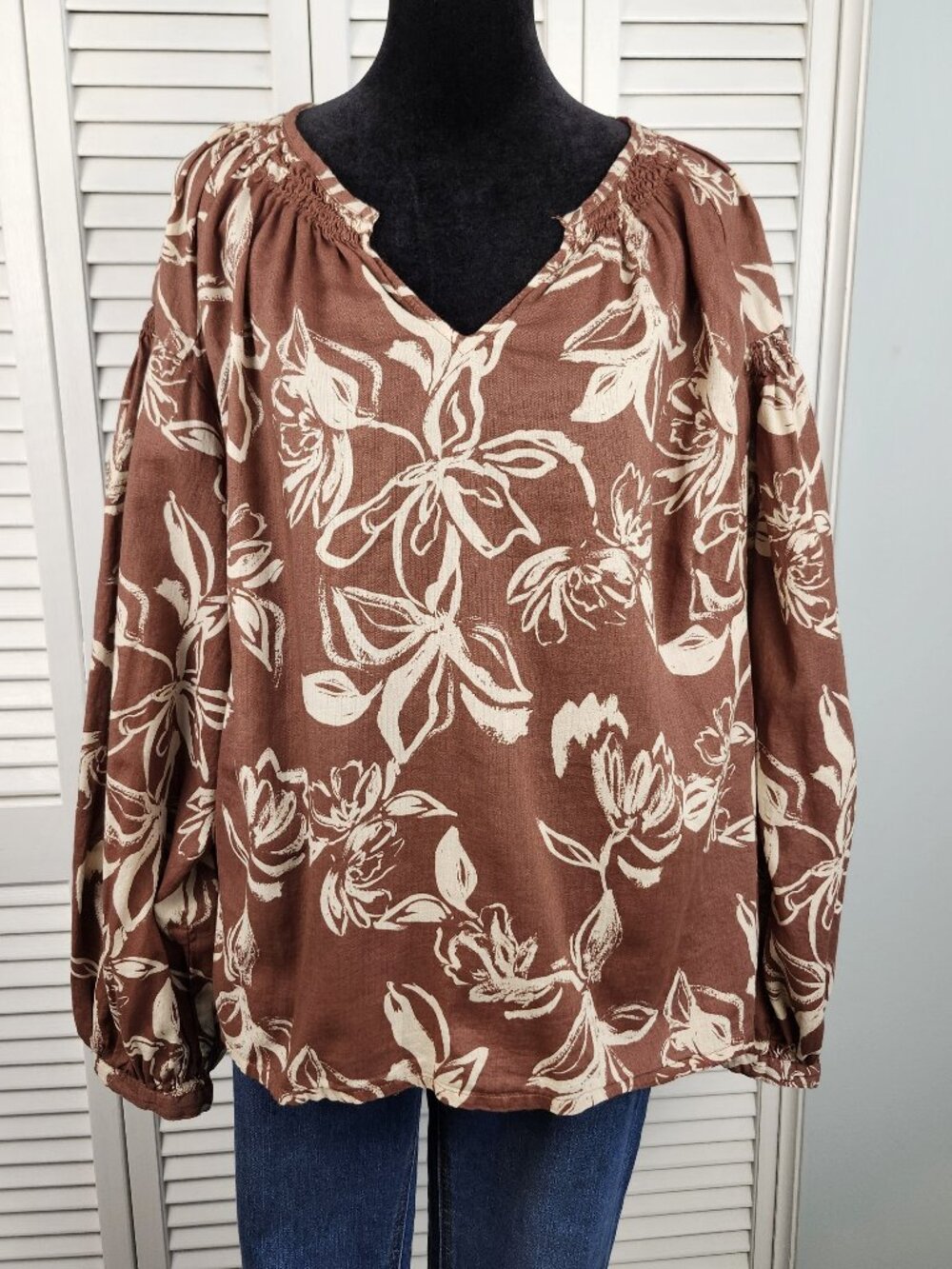 a.n.a. Brown Floral Peasant Top 1X Cotton Boho Balloon Sleeve
